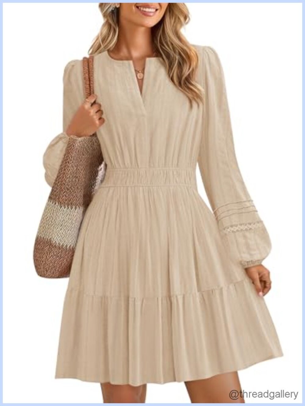 Women's 100% Cotton V Neck Long Sleeve Flowy Mini Dress with Pockets